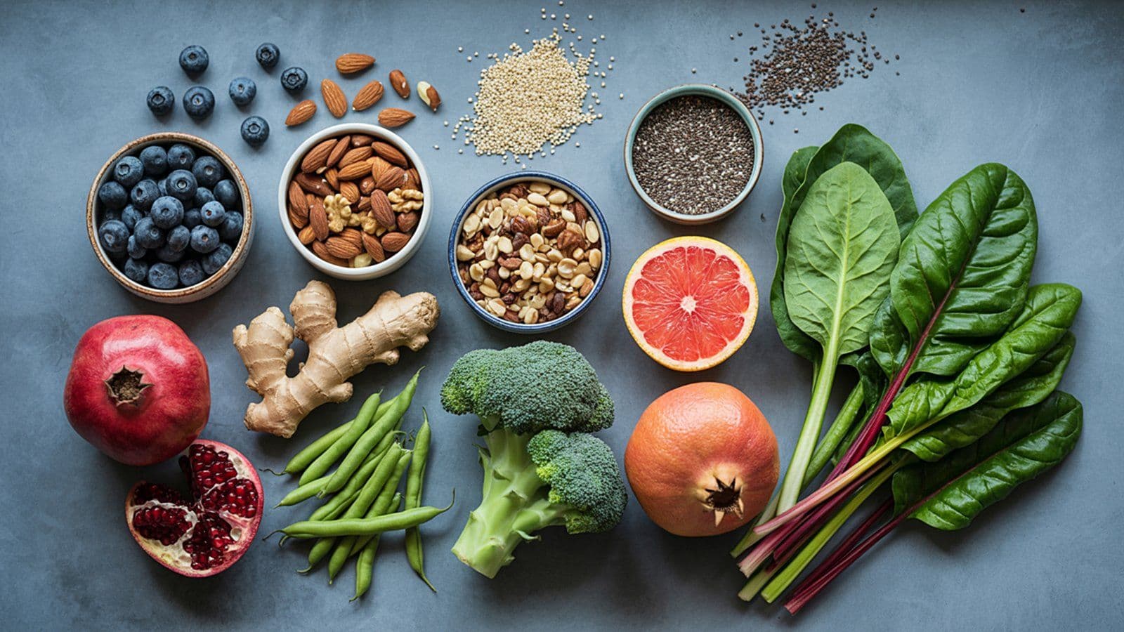 Petits bols de baies, noix, graines et legumes verts alignes