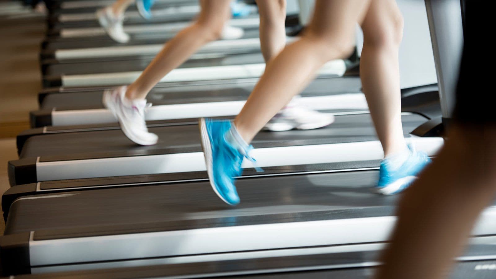 Jambes de plusieurs personnes courant sur des tapis de course alignes