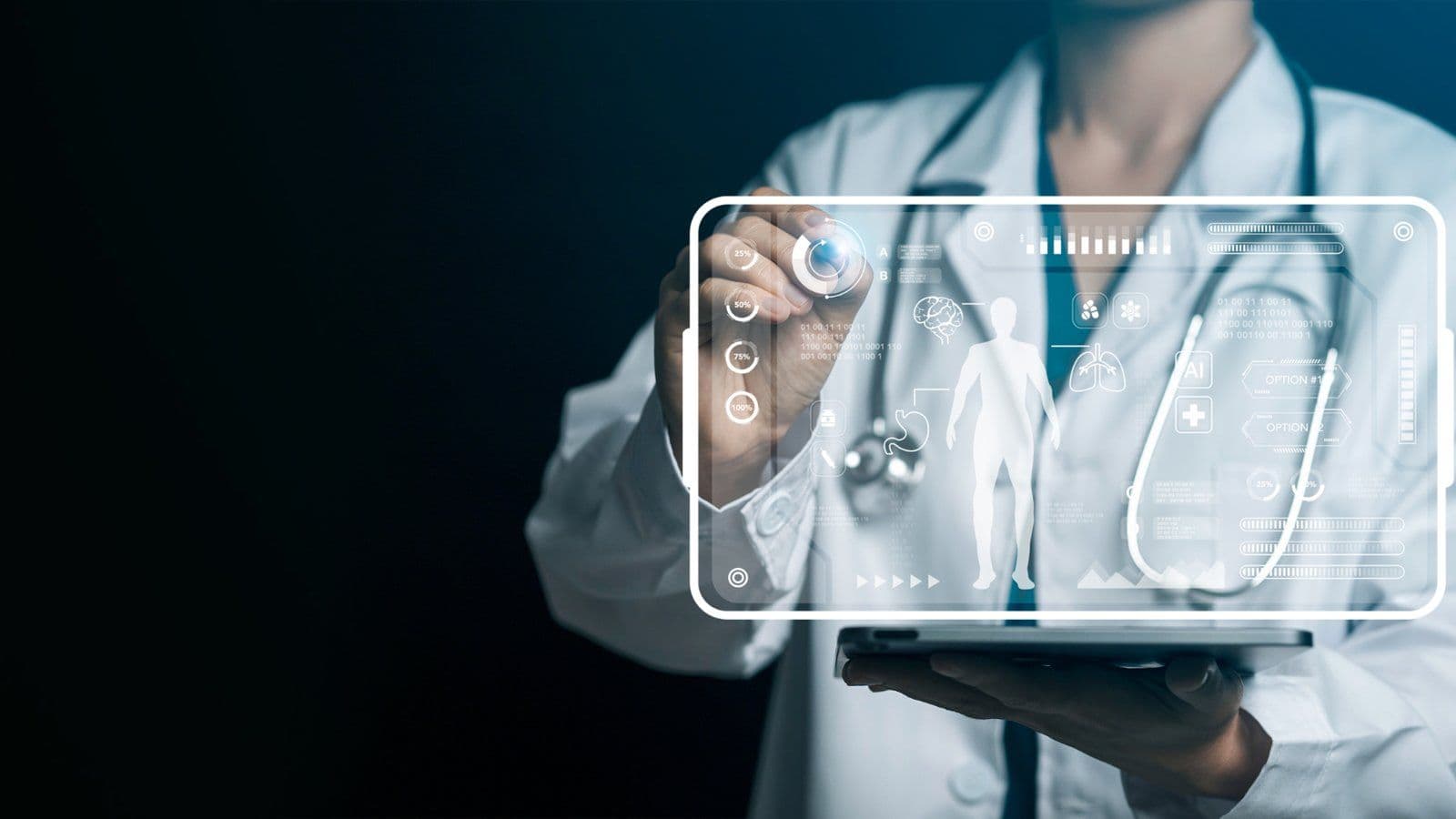 Soignant manipulant une interface medicale virtuelle sur fond sombre