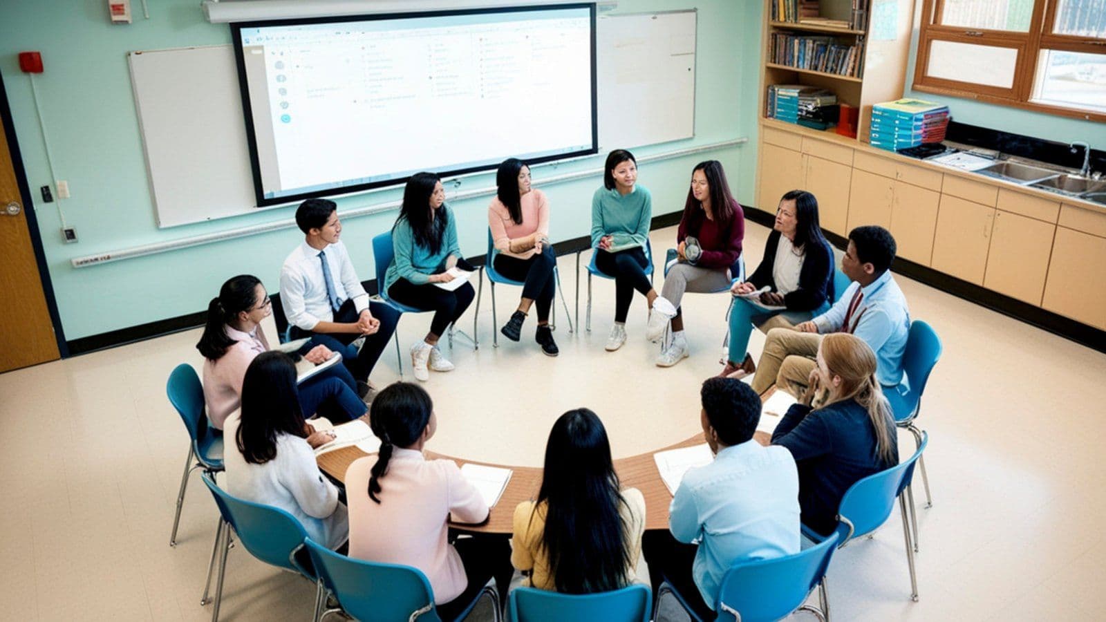 Eleves assis en cercle dans une salle de classe pour un echange