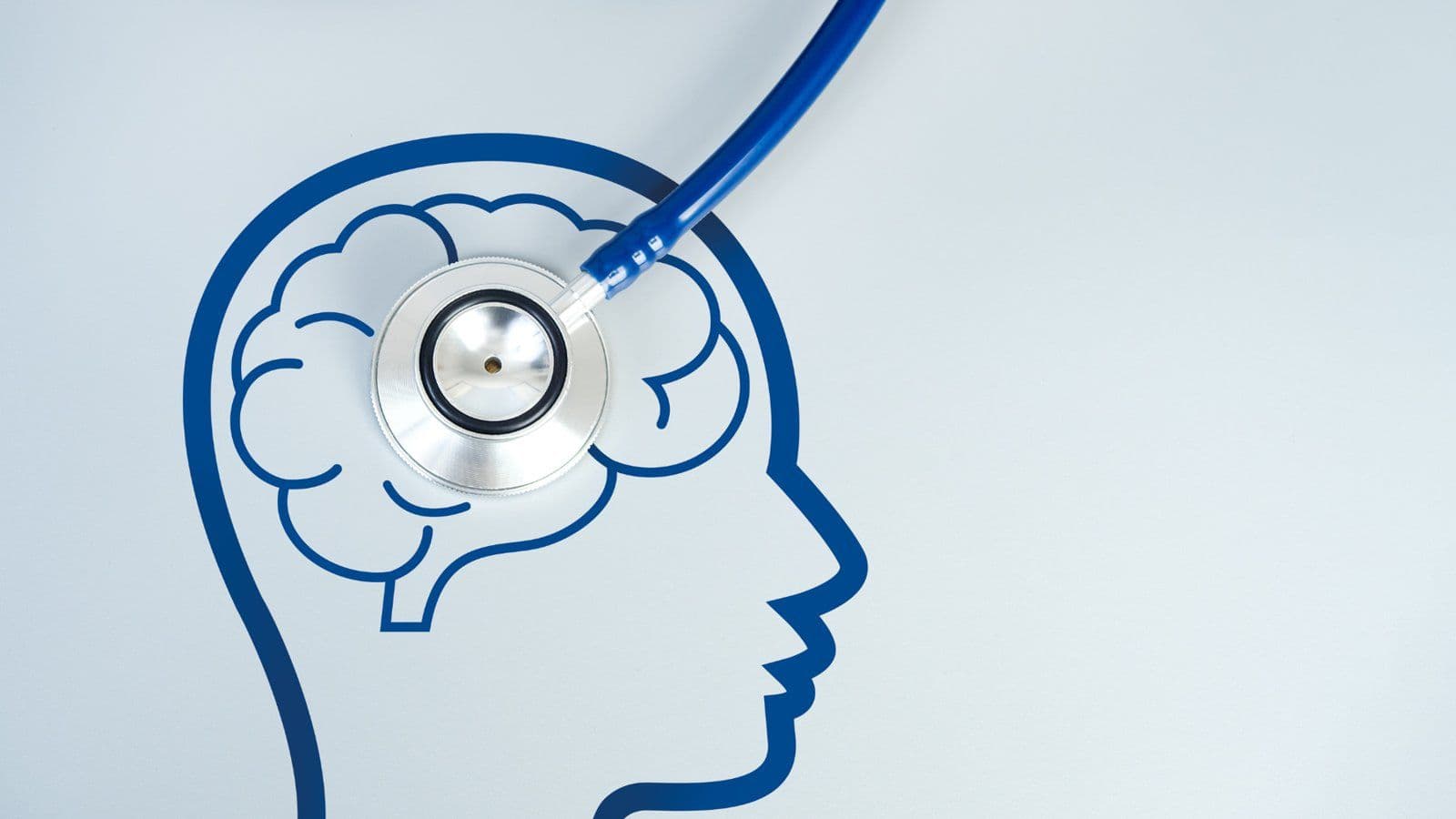 Illustration d une tete de profil avec un cerveau et un stethoscope