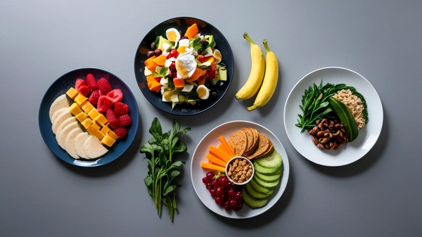 Assiettes de fruits, cereales et legumes disposees sur fond gris