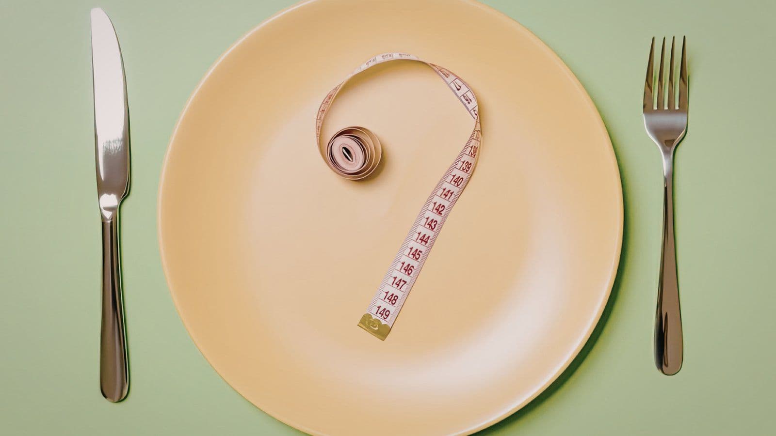 Assiette vide contenant un metre ruban enroule, entre couteau et fourchette