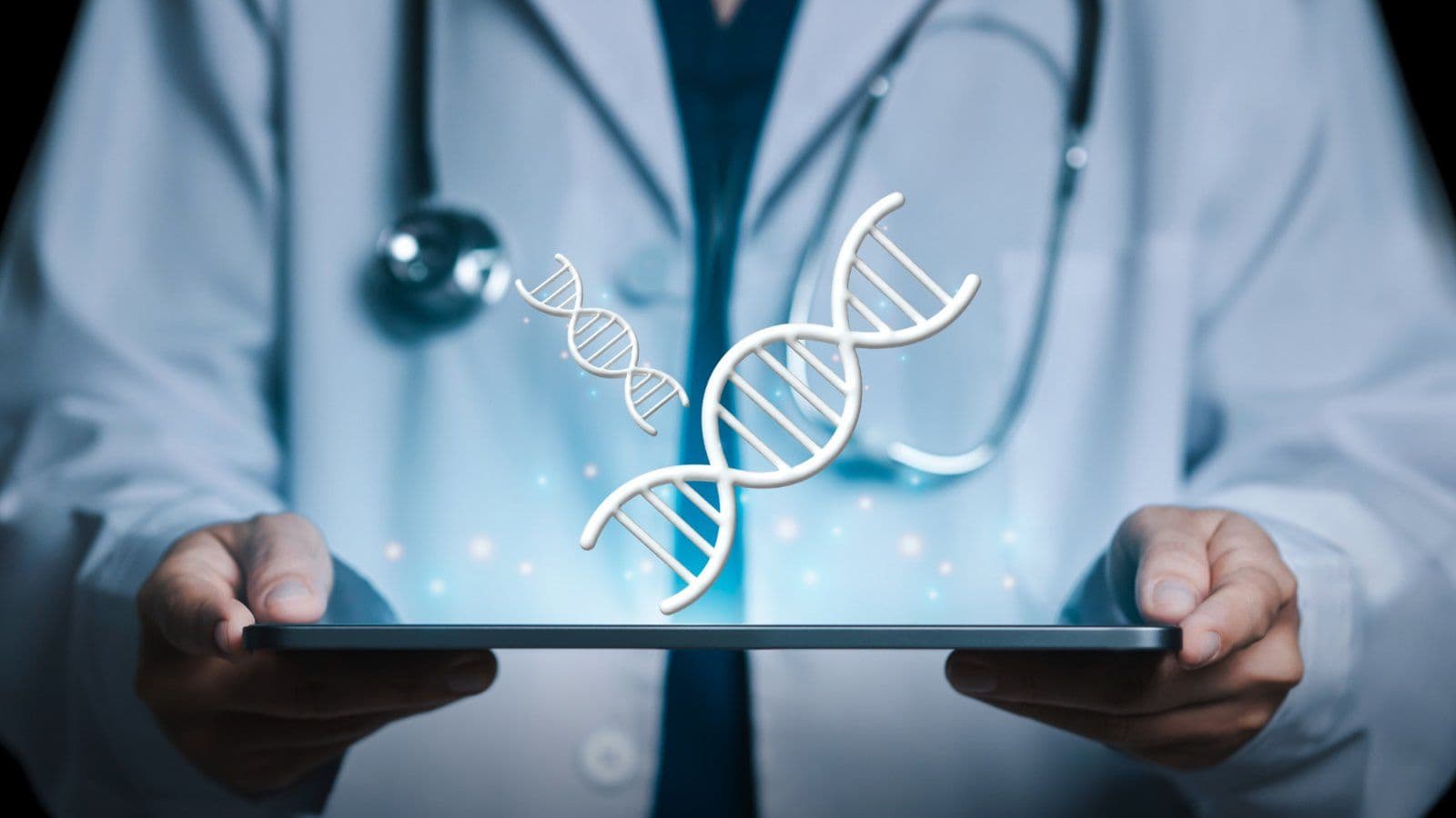 Medecin presentant une helice d ADN en hologramme au-dessus d une tablette