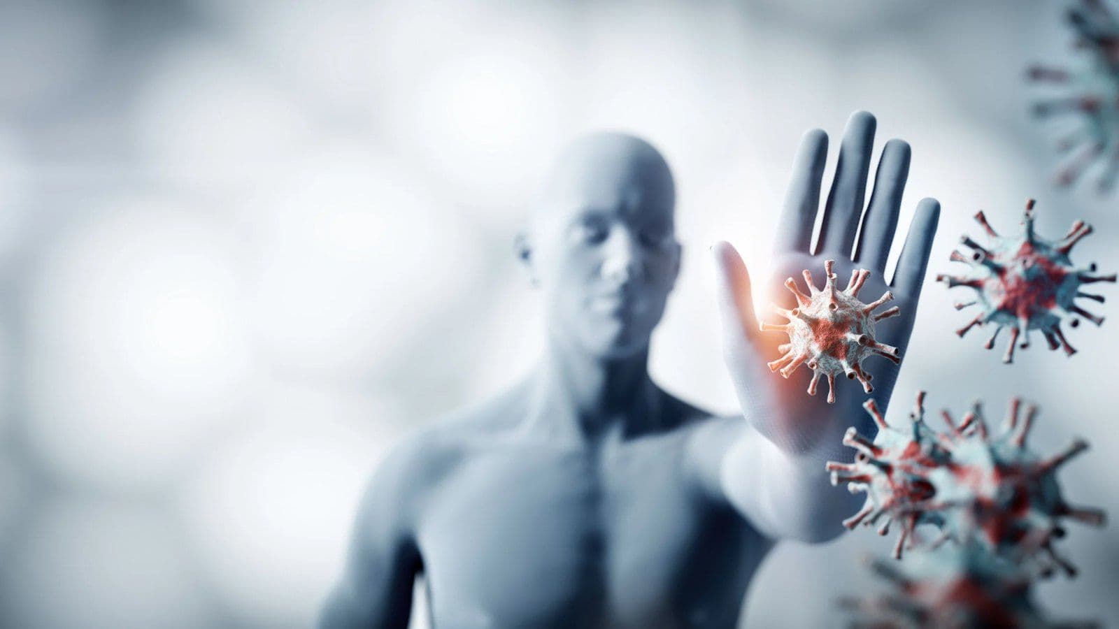 Silhouette humaine stoppant de la main des particules virales